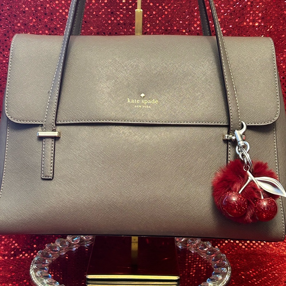 Kate Spade NY Gray Handbag Approx. 13 x 10 x 5 NWOT Comes with/Cherry Bag Charm